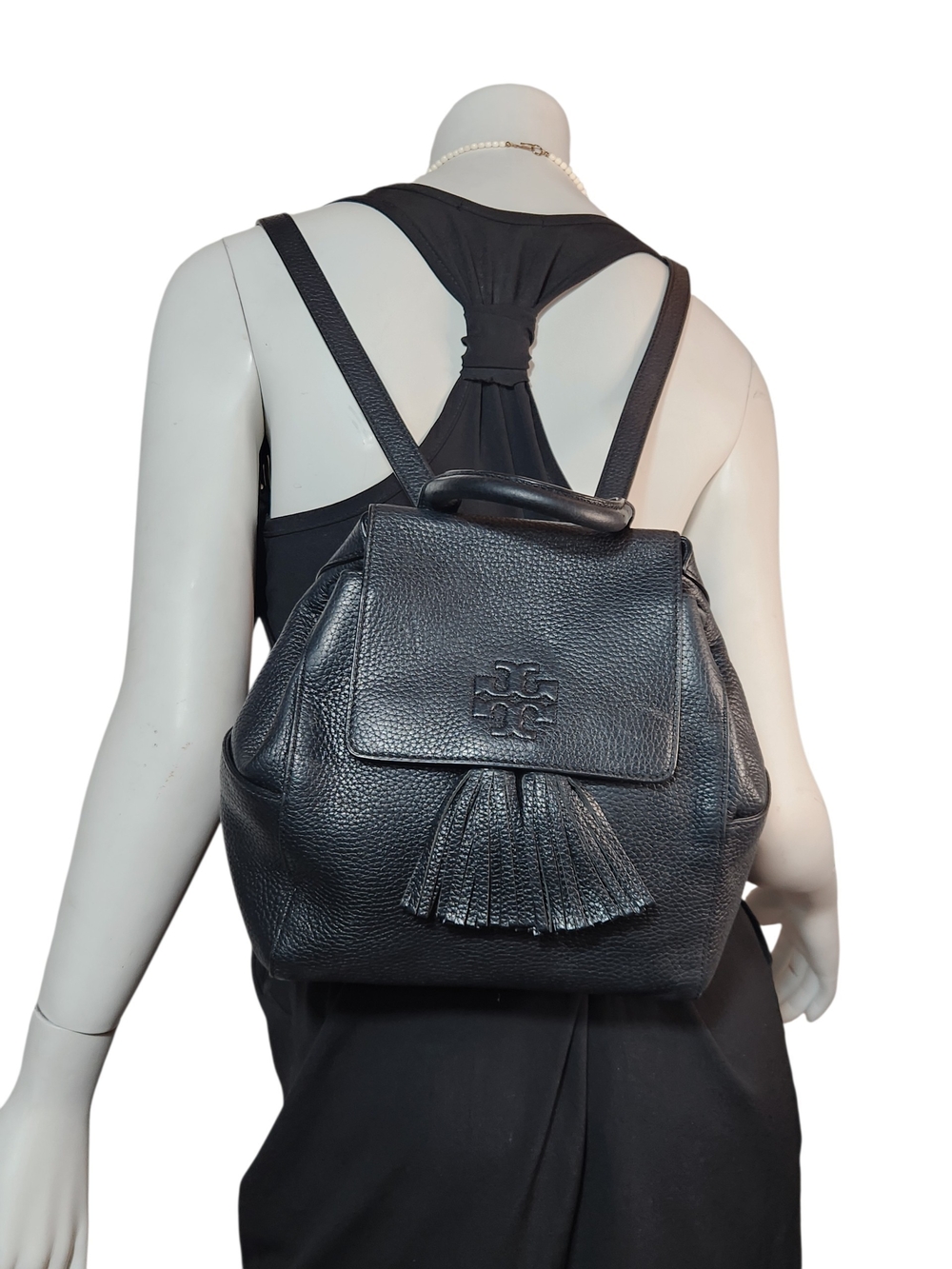 TORY BURCH THEA BLACK PEBBLED LEATHER TASSEL BACKPACK BAG PURSE EXCELLENT